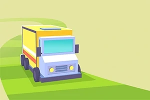 Camion stilizat cu design simplificat, rulând pe un drum verde într-un peisaj minimalistic