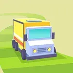 Camion stilizat cu design simplificat, rulând pe un drum verde într-un peisaj minimalistic