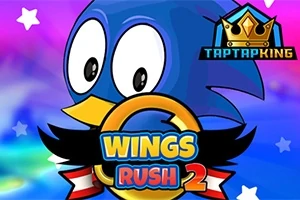 Un personaj animat albastru cu ochi mari și un cioc galben este ilustrat alături de un inel auriu și textul Wings Rush 2 pe un fundal colorat
