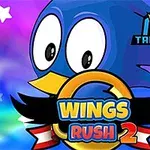 Un personaj animat albastru cu ochi mari și un cioc galben este ilustrat alături de un inel auriu și textul Wings Rush 2 pe un fundal colorat
