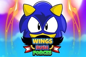 Un personaj albastru cu coarne galbene și ochi mari pe un fundal de culori vibrante, cu textul „WINGS RUSH FORCES” dedesubt