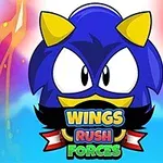 Un personaj albastru cu coarne galbene și ochi mari pe un fundal de culori vibrante, cu textul „WINGS RUSH FORCES” dedesubt