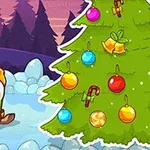 Un personaj cu căciulă de iarnă stă pe o sanie lângă un brad de Crăciun decorat cu globuri și bastonașe de zahăr, pe un fundal de iarnă cu copaci și un cer colorat