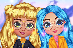 Două personaje animate cu păr blond și albastru, purtând ochelari și haine de iarnă colorate