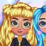 Două personaje animate cu păr blond și albastru, purtând ochelari și haine de iarnă colorate