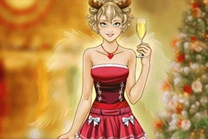 O femeie cu păr blond și coarne de ren poartă o rochie roșie cu detalii albe și ține un pahar de șampanie, având un brad de Crăciun în fundal