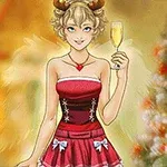 O femeie cu păr blond și coarne de ren poartă o rochie roșie cu detalii albe și ține un pahar de șampanie, având un brad de Crăciun în fundal
