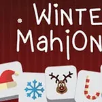 Textul Winter Mahjong cu imagini cu tematică de iarnă, inclusiv o șapcă de Moș Crăciun, un fulg de nea, un ren, un baston de bomboane, o coroană și un cadou