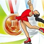 Patinatoare în rochie roșie pozând artistic în fața a trei medalii de aur, argint și bronz