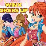 Patru personaje feminine stilizate, îmbrăcate colorat, alături de textul WINX DRESS UP