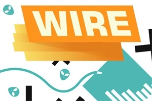 Textul WIRE scris pe un fundal portocaliu cu elemente geometrice și linii turcoaz