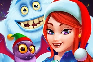 Personaje colorate de desene animate, inclusiv un om de zăpadă zâmbitor, o femeie cu păr roșcat purtând fes de Crăciun și o creatură violet cu aripi și fes verde