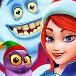 Personaje colorate de desene animate, inclusiv un om de zăpadă zâmbitor, o femeie cu păr roșcat purtând fes de Crăciun și o creatură violet cu aripi și fes verde