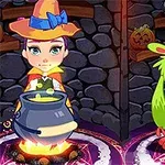 Fată costumată în vrăjitoare cu pălărie portocalie și un monstru verde stau în fața unui ceaun înconjurat de simboluri magice, într-o cameră decorată de Halloween