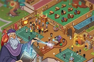 În imagine este ilustrată o școală de magie cu personaje animate, un vrăjitor bătrân care ține o carte și un set de camere pline de elevi și obiecte magice