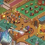 În imagine este ilustrată o școală de magie cu personaje animate, un vrăjitor bătrân care ține o carte și un set de camere pline de elevi și obiecte magice