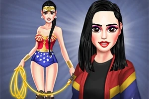 Două personaje feminine desenate, una în costum superhero cu un lasou și alta în haine casual, pe fundal albastru