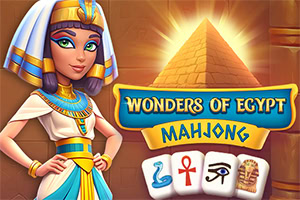 O femeie în haine egiptene antice stă lângă un semn cu inscripția Wonders of Egypt Mahjong și un fundal cu o piramidă și simboluri egiptene