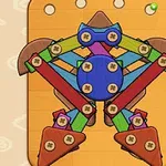 Model colorat format din piese geometrice asamblate pe un fundal portocaliu, evidențiind forme și un design simetric