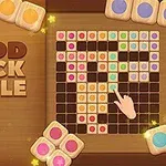 Un ecran de joc puzzle cu piese din lemn și un cursor sub formă de mână care selectează o piesă pe o grilă colorată