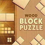 Blocuri de lemn aranjate într-un design de puzzle pe un fundal maro cu textul Wood Block Puzzle