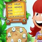 Fată desenată cu păr roșu și zâmbet larg, alături de un panou de joc de cuvinte și litere pe o frunză tropicală