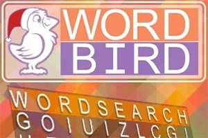 Siglă cu un desen de pasăre cu o căciulă, alături de cuvintele Word Bird pe un fundal colorat și un puzzle de cuvinte dedesubt