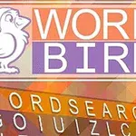 Siglă cu un desen de pasăre cu o căciulă, alături de cuvintele Word Bird pe un fundal colorat și un puzzle de cuvinte dedesubt