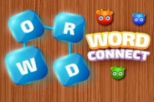 Cuburi albastre cu literele O, R, W, D conectate pe un fundal de lemn, cu textul WORD CONNECT și trei creaturi colorate în colț