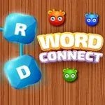 Cuburi albastre cu literele O, R, W, D conectate pe un fundal de lemn, cu textul WORD CONNECT și trei creaturi colorate în colț
