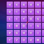 Un set de litere aranjate în cinci rânduri și cinci coloane pe un fundal violet