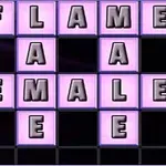 Cuvinte plasate într-o grilă roz și neagră cu litere mari: FLAME, FEMALE
