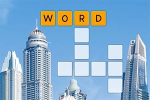 Cuvintele „WORD” pe fundalul unui cer albastru cu siluete de zgârie-nori