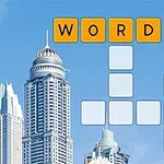 Cuvintele „WORD” pe fundalul unui cer albastru cu siluete de zgârie-nori