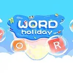 Textul WORD holiday pe un fundal albastru cu nori și literele W, O, R, D în bule