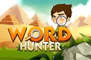 Personaj animat cu lupă, alături de textul Word Hunter, pe fundal de piramide