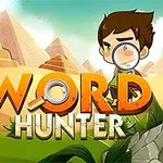 Personaj animat cu lupă, alături de textul Word Hunter, pe fundal de piramide