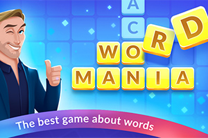 Bărbat zâmbitor, îmbrăcat în costum, făcând semnul „thumbs up” lângă litere galbene aranjate în cuvintele „WORD MANIA” pe un fundal albastru