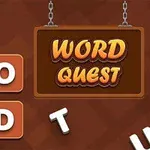 Cuvinte dispuse pe fundal maro cu o tablă suspendată ce afișează textul WORD QUEST