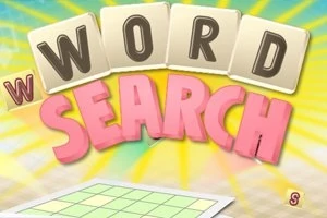 Textul „WORD SEARCH” în litere mari, pe un fundal colorat, cu o grilă de joc în colțul de jos