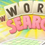 Textul „WORD SEARCH” în litere mari, pe un fundal colorat, cu o grilă de joc în colțul de jos