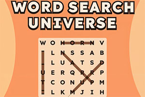 Logo „WORD SEARCH UNIVERSE pe fundal portocaliu, cu o grilă de litere și cuvinte evidențiate prin linii