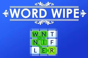 Textul WORD WIPE pe un fundal albastru cu un design floral simplu și un pătrat de litere albastre și verzi sub acesta