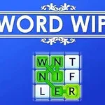Textul WORD WIPE pe un fundal albastru cu un design floral simplu și un pătrat de litere albastre și verzi sub acesta