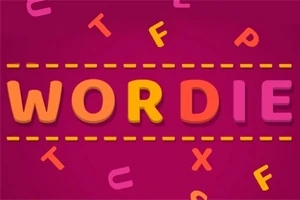 Textul WORDIE în culori vii pe un fundal roz cu litere împrăștiate