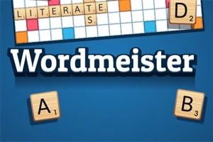 Plăci de lemn cu litere așezate pe un fundal albastru, alături de un design de tablă de joc și cuvântul Wordmeister