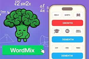 Ilustrație cu creier verde, formule matematice și un panou de telefon cu categorii colorate pe fundal mov