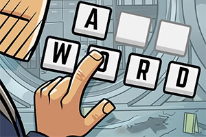 Degetul unei persoane atinge literele care formează cuvântul „WORD” într-un mediu futurist