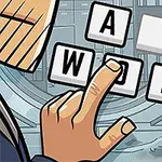 Degetul unei persoane atinge literele care formează cuvântul „WORD” într-un mediu futurist