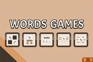 Textul Words Games pe un fundal bej cu cinci pictograme pătrate sub el și un colț marcat 5 in 1